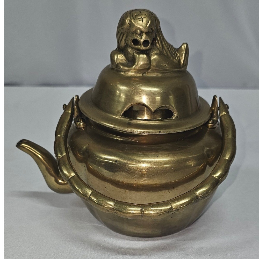 Vintage Solid Brass Foo Dog‎ Incense Burner Teapot Bamboo Handle Asian Decor